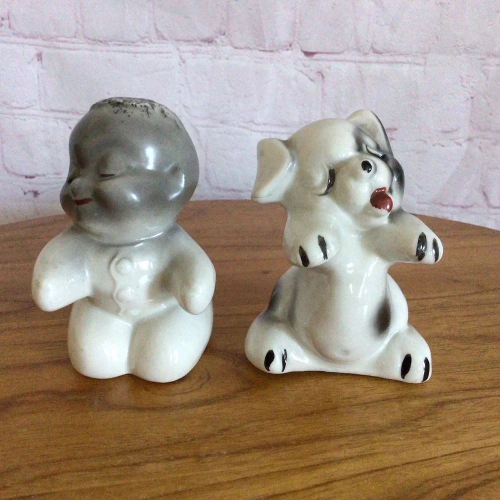 Vintage Van Tellingen Boy and Puppy Salt and Pepper Shaker Pair